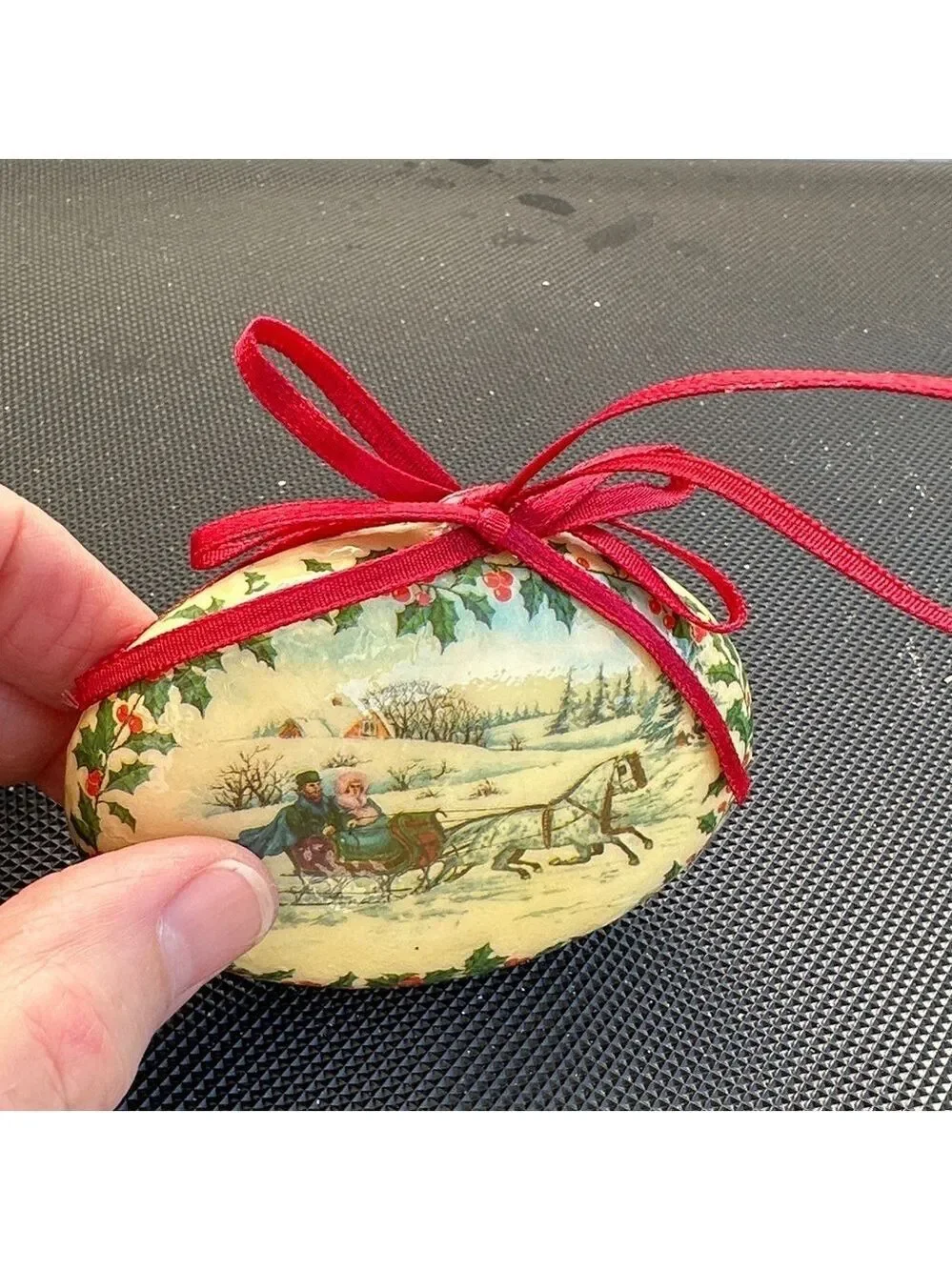 Vintage Christmas 1970’s Victorian Sleigh Ride Styrofoam Ornament W/Red Ribbon